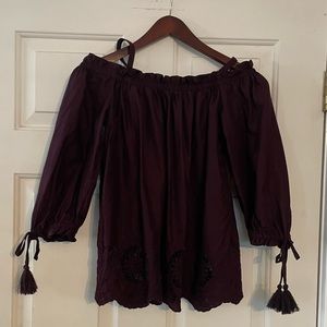 LOFT Outlet Off-the-Shoulder Brown‎ Cotton Blouse Women's Shirt XS Tie Sleeve
